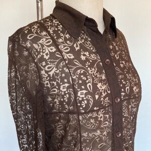 Cynthia Steffe long sleeve button down shirt, brown floral burnout fabric, 6